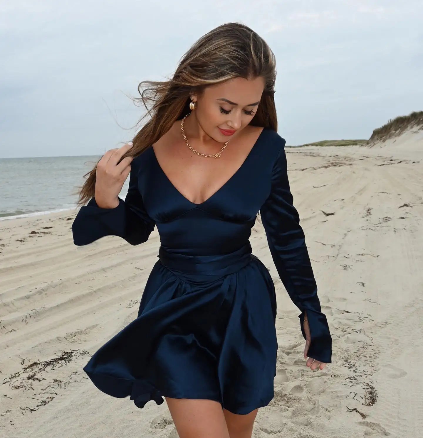 Autumn and Winter Long Sleeve Dress Navy Blue Long Belt A Line Mini Dress V Neck Casual Women's Clothing