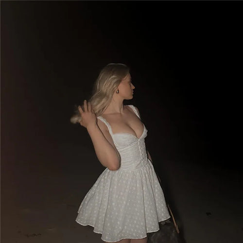 Load image into Gallery viewer, White English Embroidered Belted Mini Dress For Women Fashion V Neck Sleeveless Backless A-line Club Party Sexy Dress
