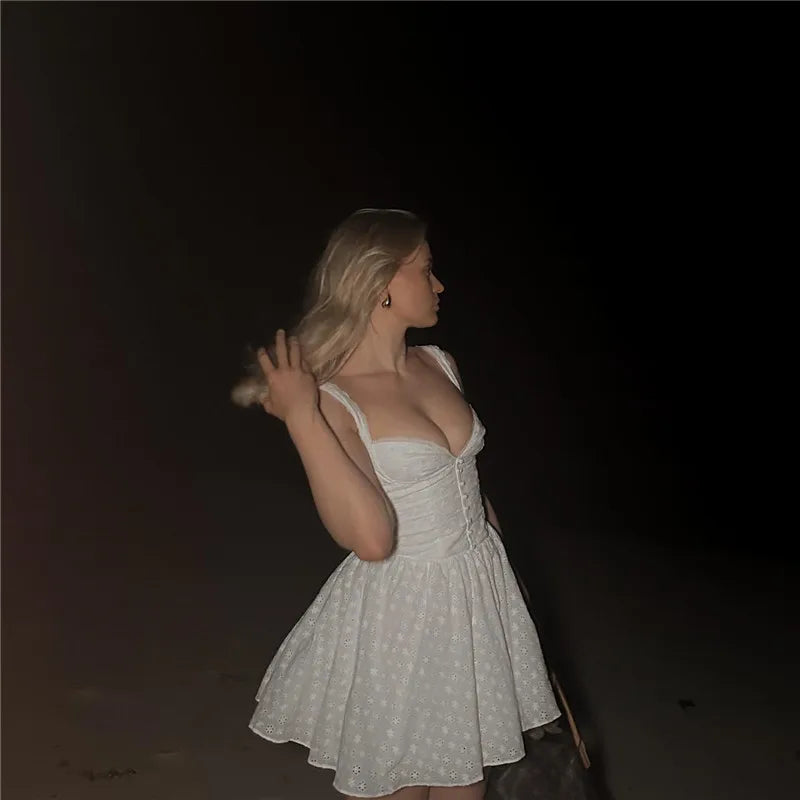 White English Embroidered Belted Mini Dress For Women Fashion V Neck Sleeveless Backless A-line Club Party Sexy Dress