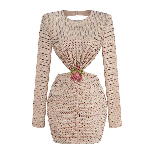 Load image into Gallery viewer, Patchwork Appliques Diamonds Dresses For Women Round Neck Long Sleeve High Waist Hollow Out Mini Dress Female
