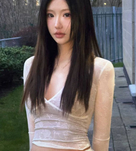 Sexy Lace Mesh Top V Neck Tees Y2k Aesthetic Slim Japanese Harajuku Crop  Chic Women Bottoming Long Sleeve T-shirt Outerwear