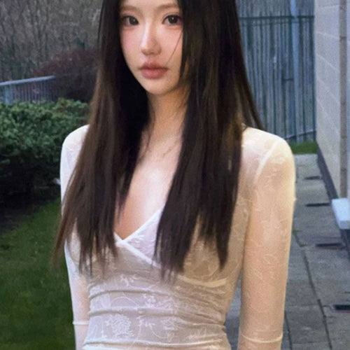 Load image into Gallery viewer, Sexy Lace Mesh Top V Neck Tees Y2k Aesthetic Slim Japanese Harajuku Crop  Chic Women Bottoming Long Sleeve T-shirt Outerwear
