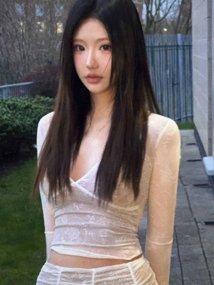 Sexy Lace Mesh Top V Neck Tees Y2k Aesthetic Slim Japanese Harajuku Crop  Chic Women Bottoming Long Sleeve T-shirt Outerwear