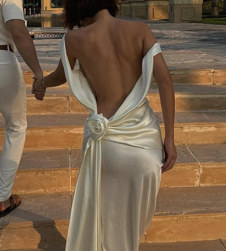 Satin Backless Sexy Maxi Dress For Women Elegant Rose Thigh High Split Beach Holiday Long Dress Gorgeous Club Gown