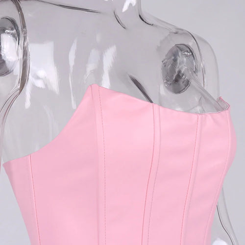 Load image into Gallery viewer, Summer Crop Top Women Fishbone Double Layer Pink  PU Leather Sexy Crop Top Fashion Lady Clubwear Party
