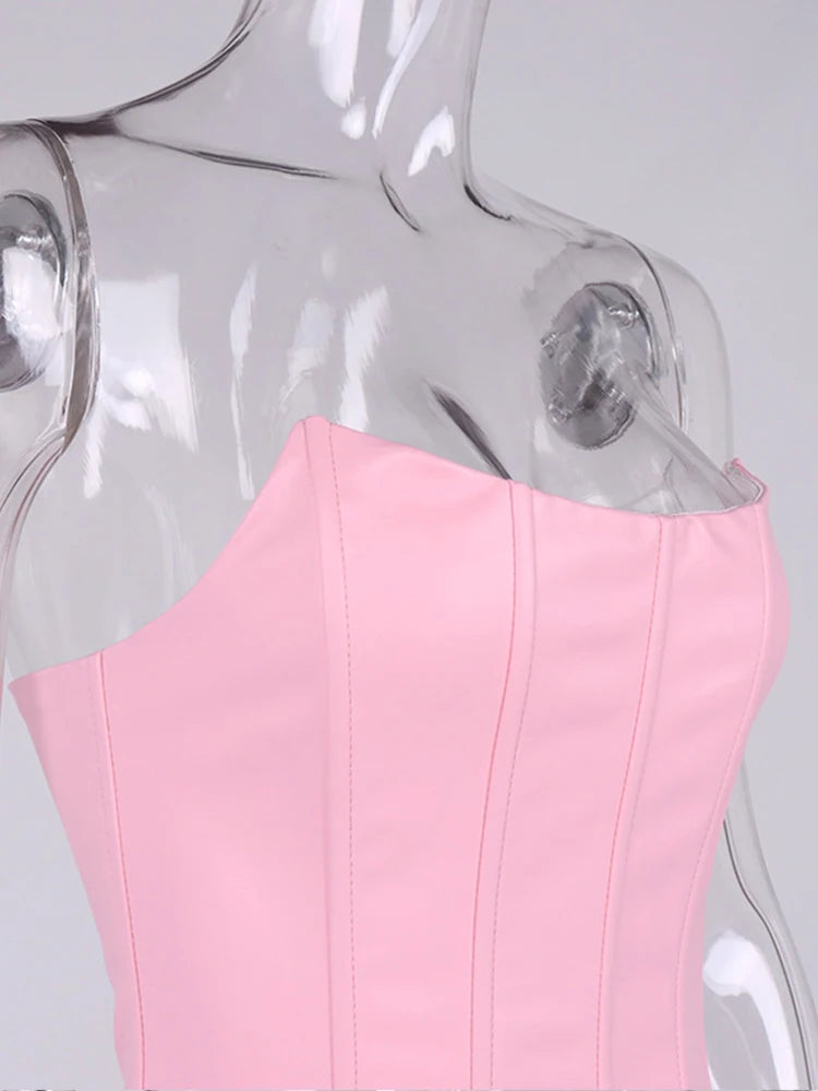 Summer Crop Top Women Fishbone Double Layer Pink  PU Leather Sexy Crop Top Fashion Lady Clubwear Party