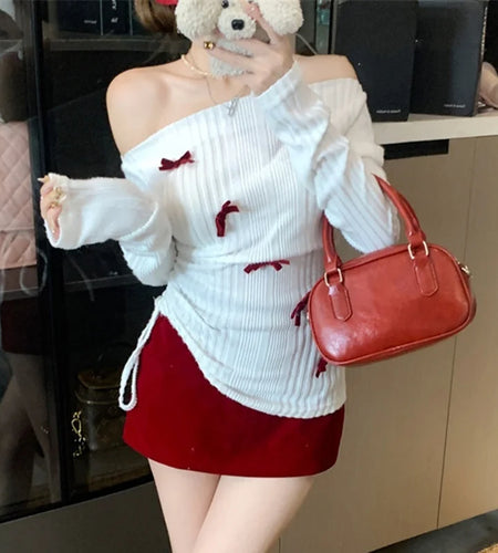 Fairy Coquette Top y2k Clothes Women Off Shoulder Long Sleeve Knitted Long Sleeve T Shirt 2000s Clothing Streetwear