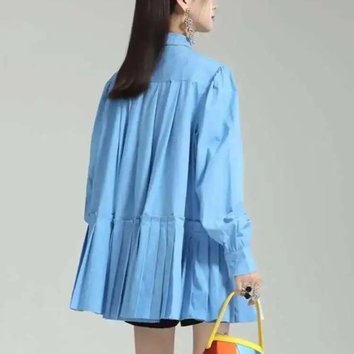 Load image into Gallery viewer, Women Blue Pleated Hem Long Big Size Blouse New Stand Collar Long Sleeve Shirt Fashion Tide Spring Autumn 2025 1DH5707
