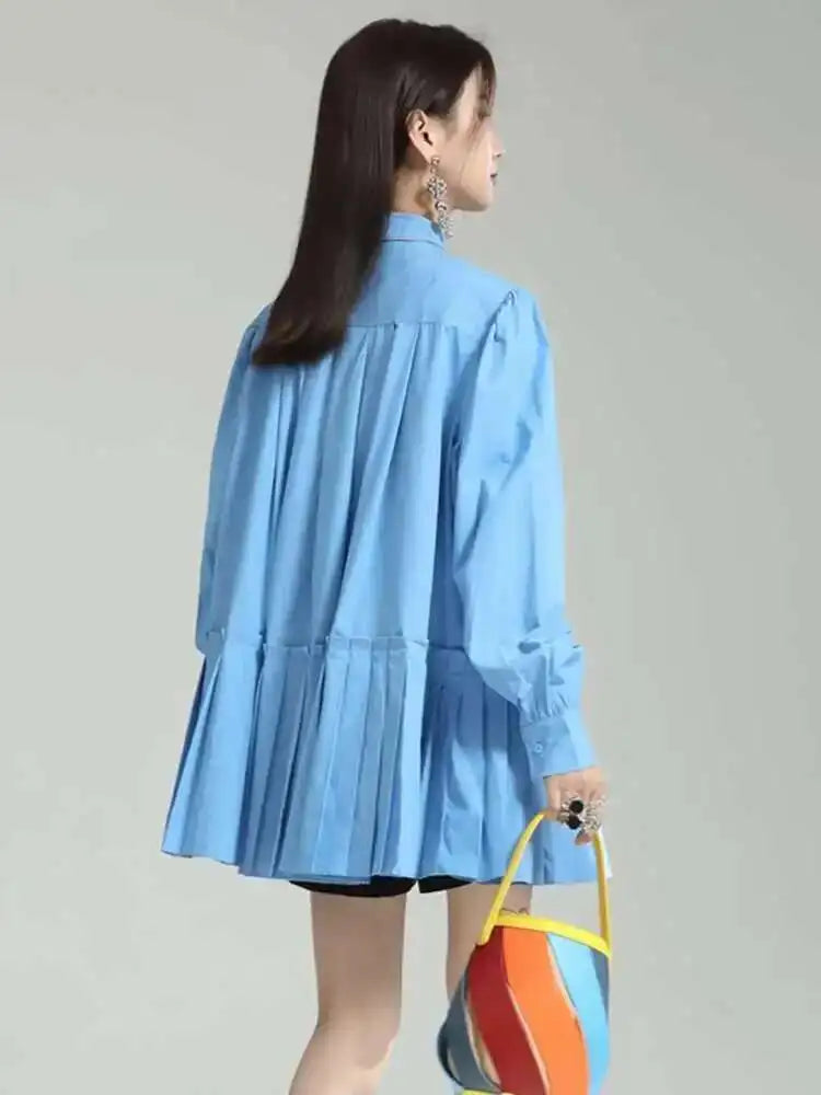 Women Blue Pleated Hem Long Big Size Blouse New Stand Collar Long Sleeve Shirt Fashion Tide Spring Autumn 2025 1DH5707