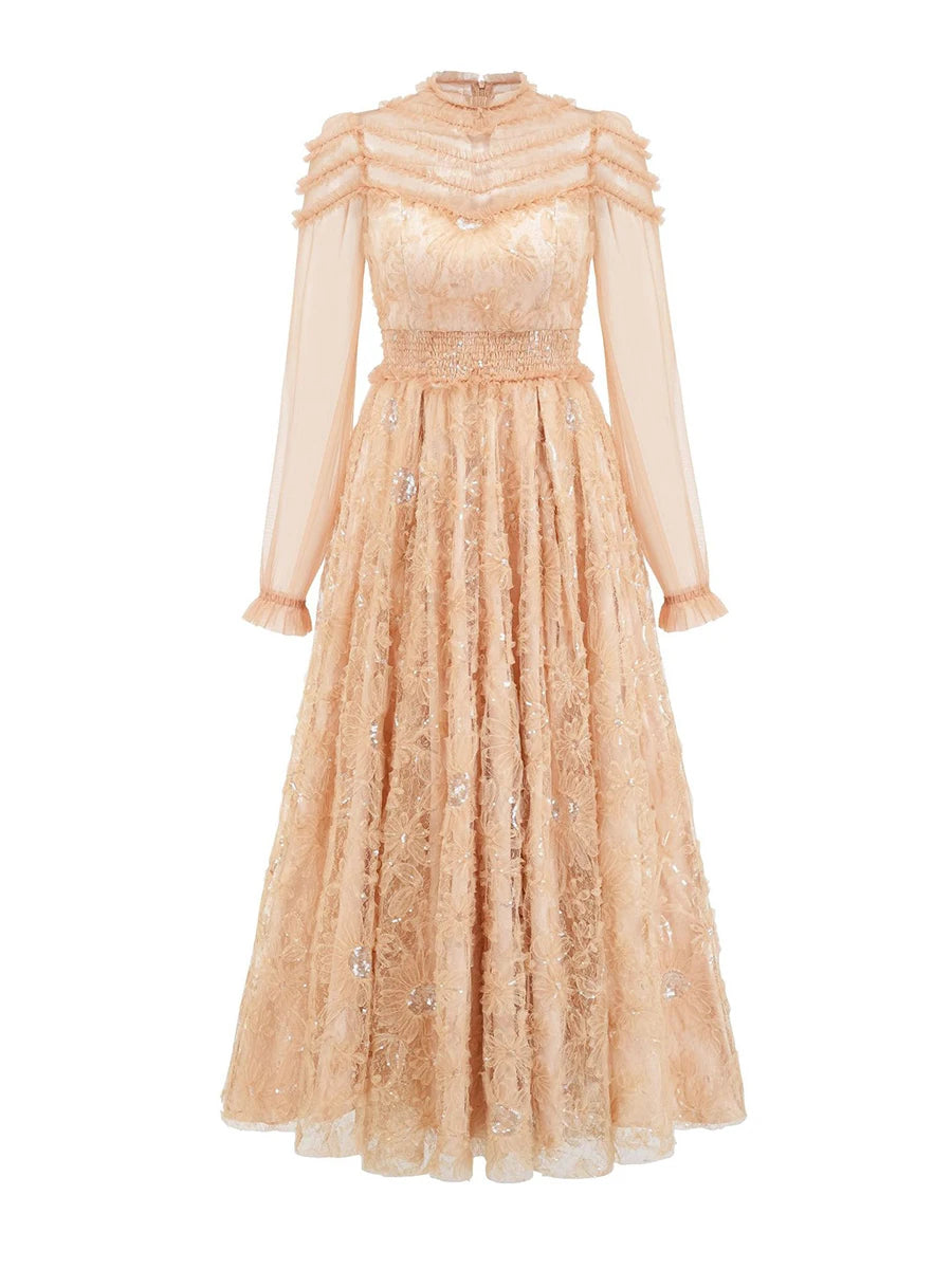 Hit Color Spliced Mesh Long Dresses For Women O Neck Long Sleeve High Waist Temperament Dress Female Fashion New