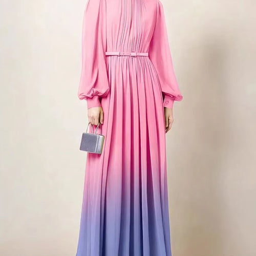 Load image into Gallery viewer, Hit Color Spliced Belt Elegant Dresses For Women O Neck Long Sleeve High Waist Casual Temperament Dress Female New
