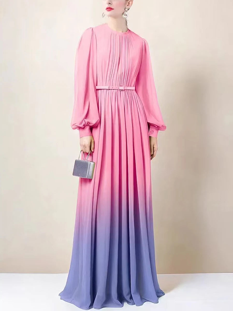 Hit Color Spliced Belt Elegant Dresses For Women O Neck Long Sleeve High Waist Casual Temperament Dress Female New