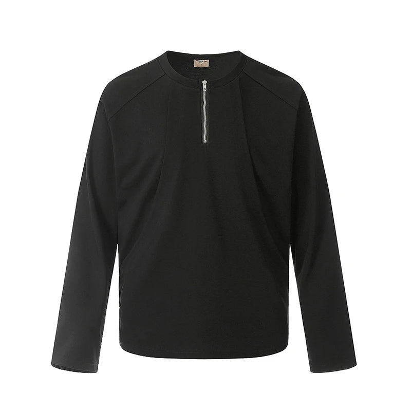 Men's T-shirts New Korean Long Sleeve Design Round Neck Half Zipper Solid Color Stylish Loose Male Clothing Spring 9W1764