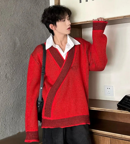 Trendy Men's Sweater New Fashion Pullover V-neck Solid Color Loose Male Tops 2024 Winter Knitting Clothing Fashion 9C3684