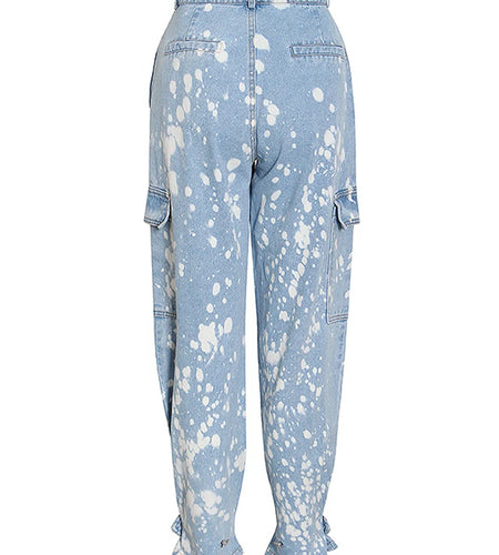 Print Loose Wide Leg Jeans For Women High Waist Drawstring Tie Dye Casual Streetwear Denim Trousers Female Clothing