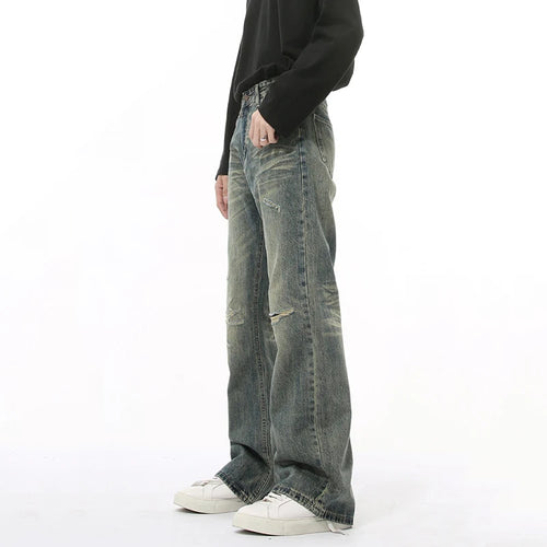 Load image into Gallery viewer, High Street Men&#39;s Denim Pants Hole Design Washing Worn-out Solid Color Straight Loose Wide Leg Casual Male Bottom 9C8886
