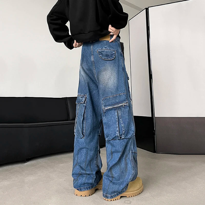 American Style Men's Denim Pants Splotch Multi-pockets Pleated Straight Contrast Color Bottom Wide Leg Male Jeans 9C9281