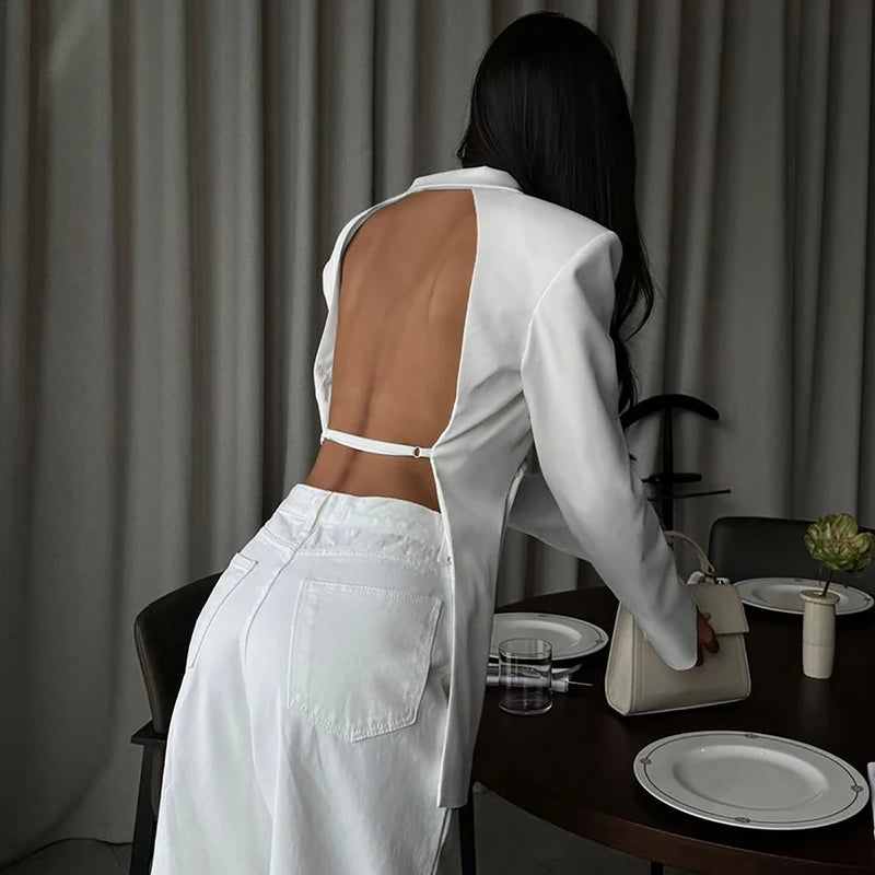 Autumn Long Sleeve Blazer Women Fashion Notched Collar Backless Pocket Suit Jacket Ladies Winter Elegant Blazers