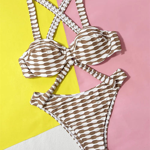 Load image into Gallery viewer, Sexy Cross Back Brazilian Underwired Bandeau Bikini Set Female Swimsuit Striped Swimwear New Bandage Bathing Suit
