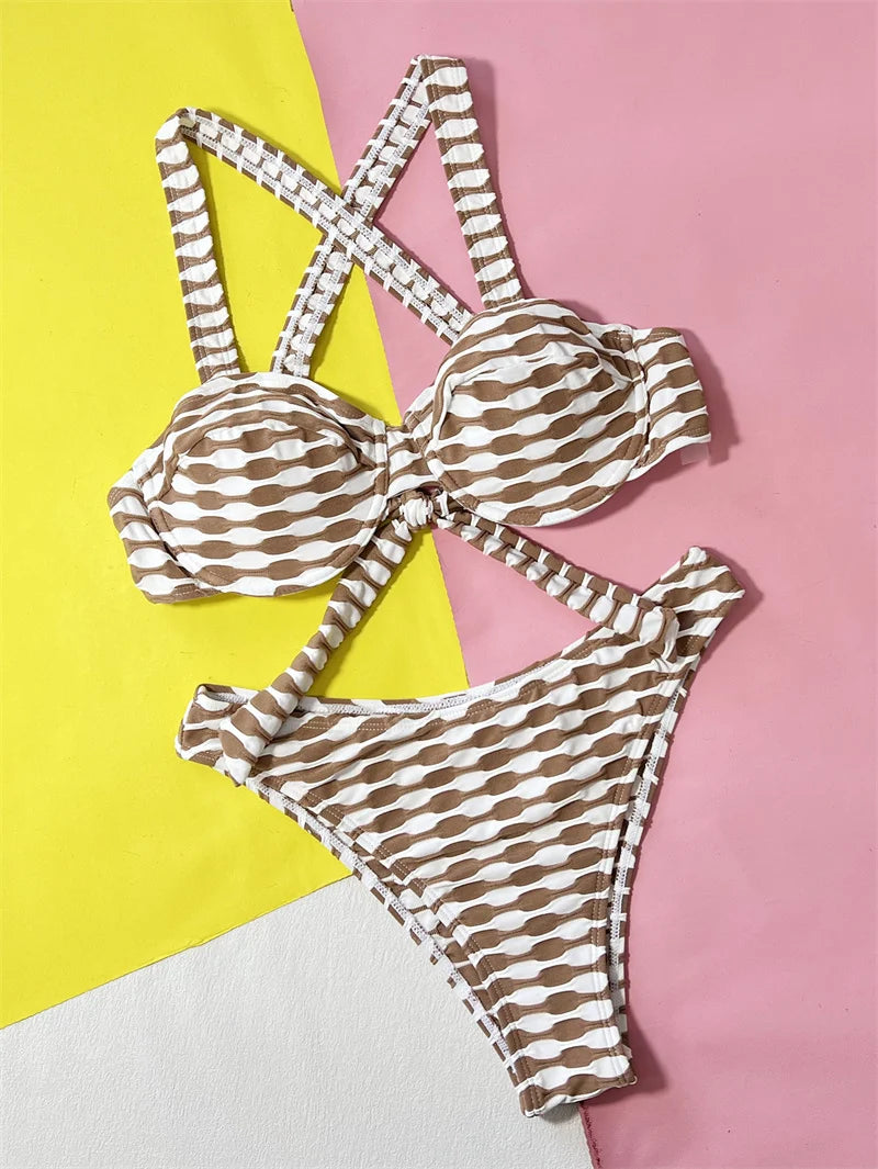 Sexy Cross Back Brazilian Underwired Bandeau Bikini Set Female Swimsuit Striped Swimwear New Bandage Bathing Suit