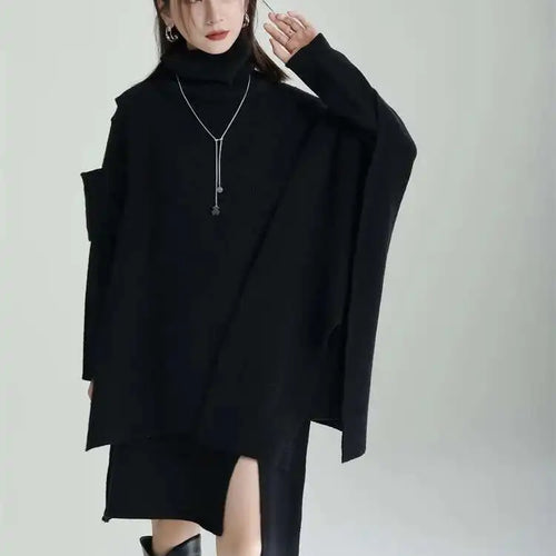 Load image into Gallery viewer, Women Gray Irregular Design Knitting Dress New Turtleneck Long Sleeve Loose Fit Fashion Tide Spring Autumn 2025 1DF2618
