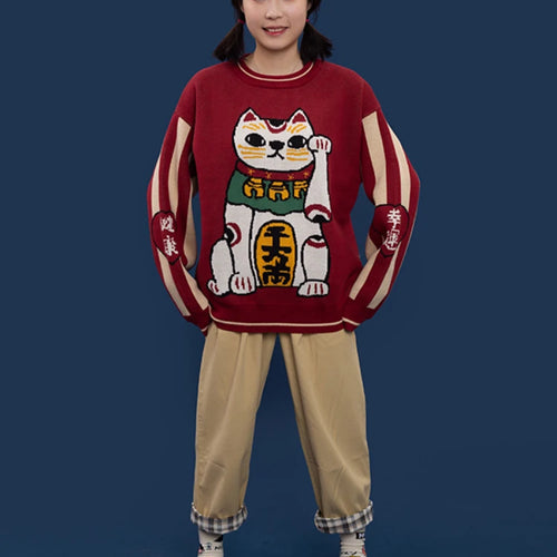 Load image into Gallery viewer, Women Cartoon Lucky Cat Embroidery Red Sweaters Harajuku Kawaii Knitted Pullover Winter Long Sleeve O-Neck Sweater
