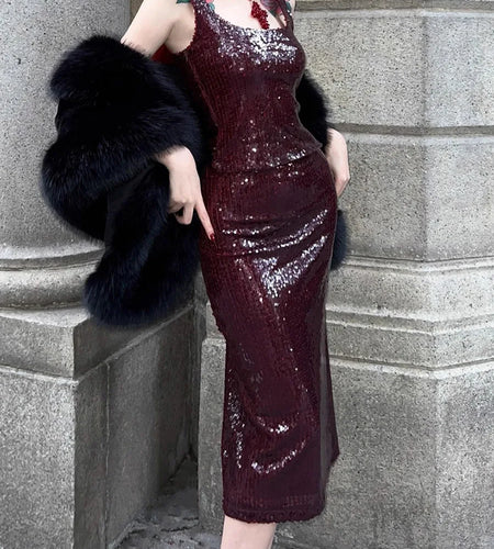 Solid Spliced Sequines Slimming Dresses For Women Square Neck Sleeveless High Waist Temperament Dress Female New