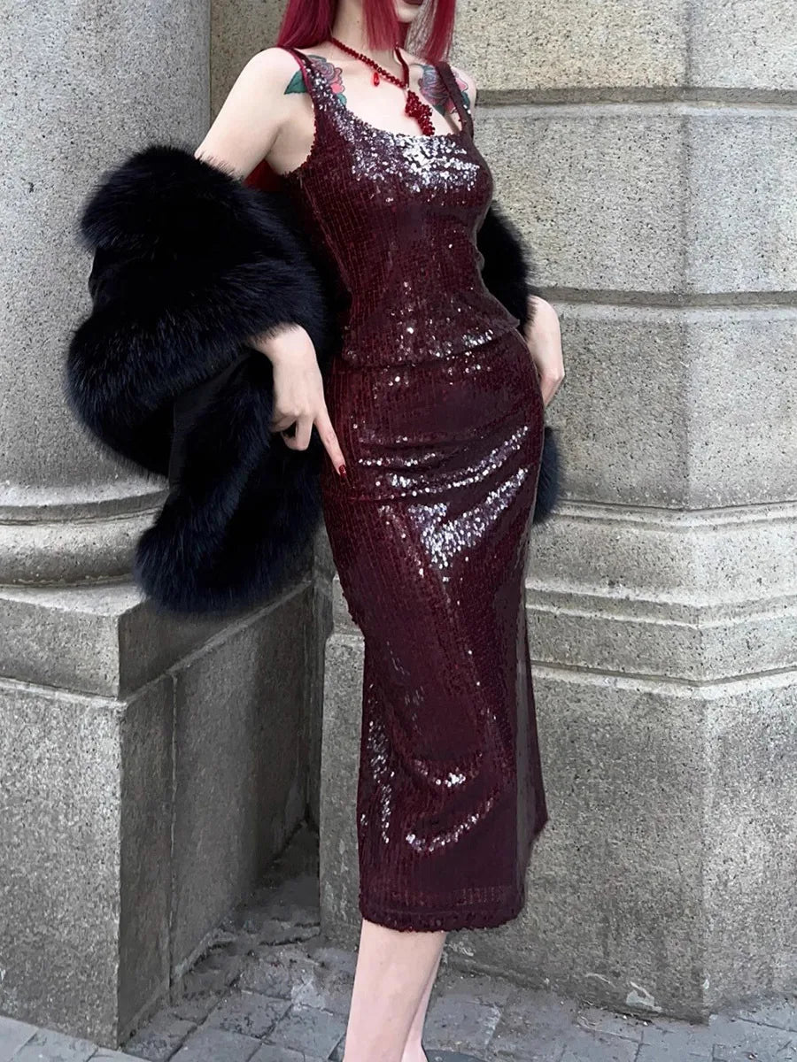 Solid Spliced Sequines Slimming Dresses For Women Square Neck Sleeveless High Waist Temperament Dress Female New