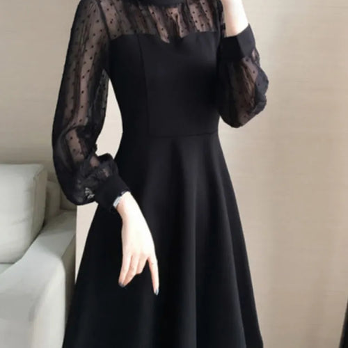 Load image into Gallery viewer, Black Lace Dress Women Vintage Elegant Dot Long Sleeve Mini Short Dresses Evening Party Spring Fashion O-neck
