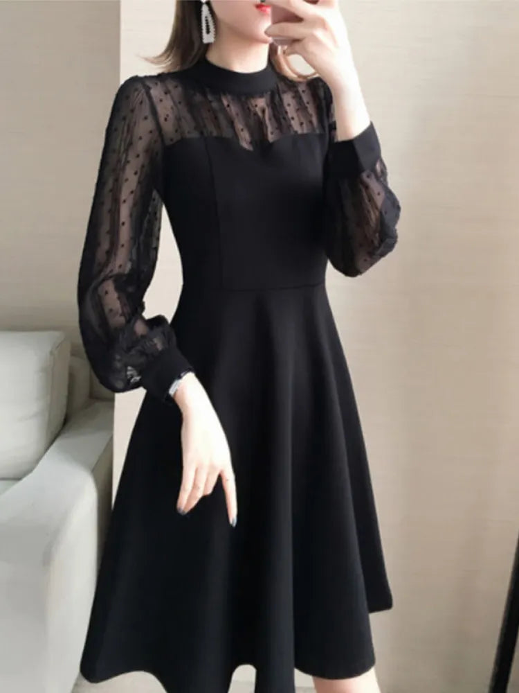 Black Lace Dress Women Vintage Elegant Dot Long Sleeve Mini Short Dresses Evening Party Spring Fashion O-neck