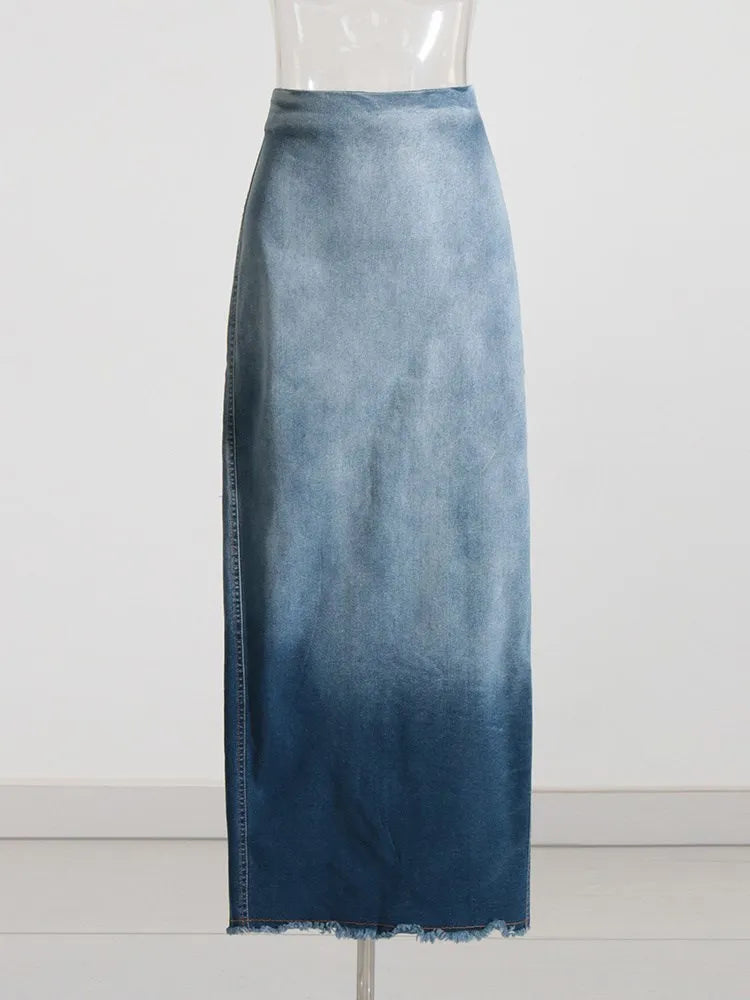 Minimalist Hit Color Patchwork Zipper Denim Skirt For Women High Waist Bodycon Long Skirts Female Clothing Fashion Style