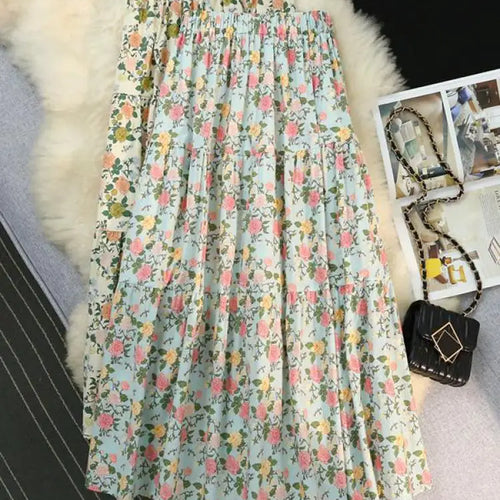 Load image into Gallery viewer, Vintage New Blue Flower Party A-line Skirt Bohemia 2024 Spring Summer Green Printing Elastic High Waist Women's Long Skirts Chic
