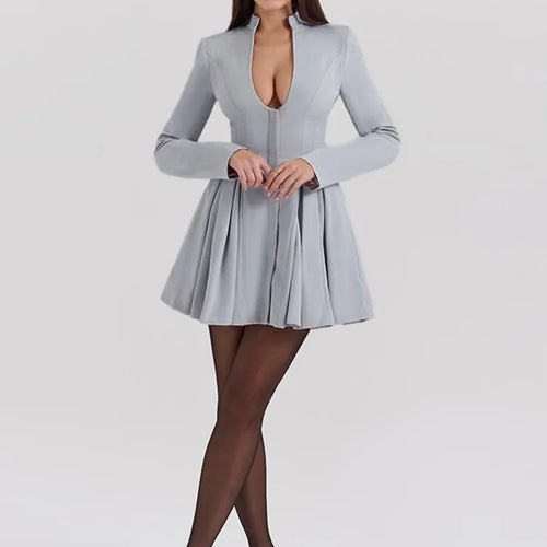 Load image into Gallery viewer, Gray Long Sleeve Sexy Mini Dress Women Solid V Neck High Waist A-line Club Party Pleated Sexy Dress Elegant Clubwear
