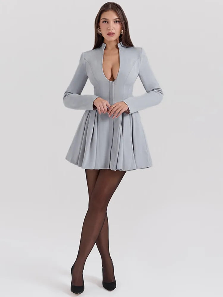 Gray Long Sleeve Sexy Mini Dress Women Solid V Neck High Waist A-line Club Party Pleated Sexy Dress Elegant Clubwear