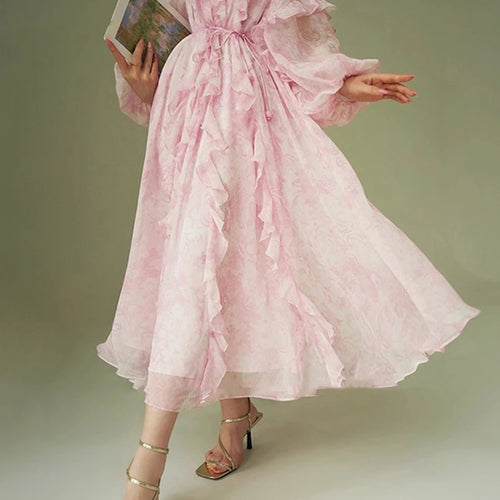 Load image into Gallery viewer, Pink Printing Spliced Fungus Folds Elelgant Dresses for Women V Neck Long Sleeves Patchwork Lace Up Dress Female
