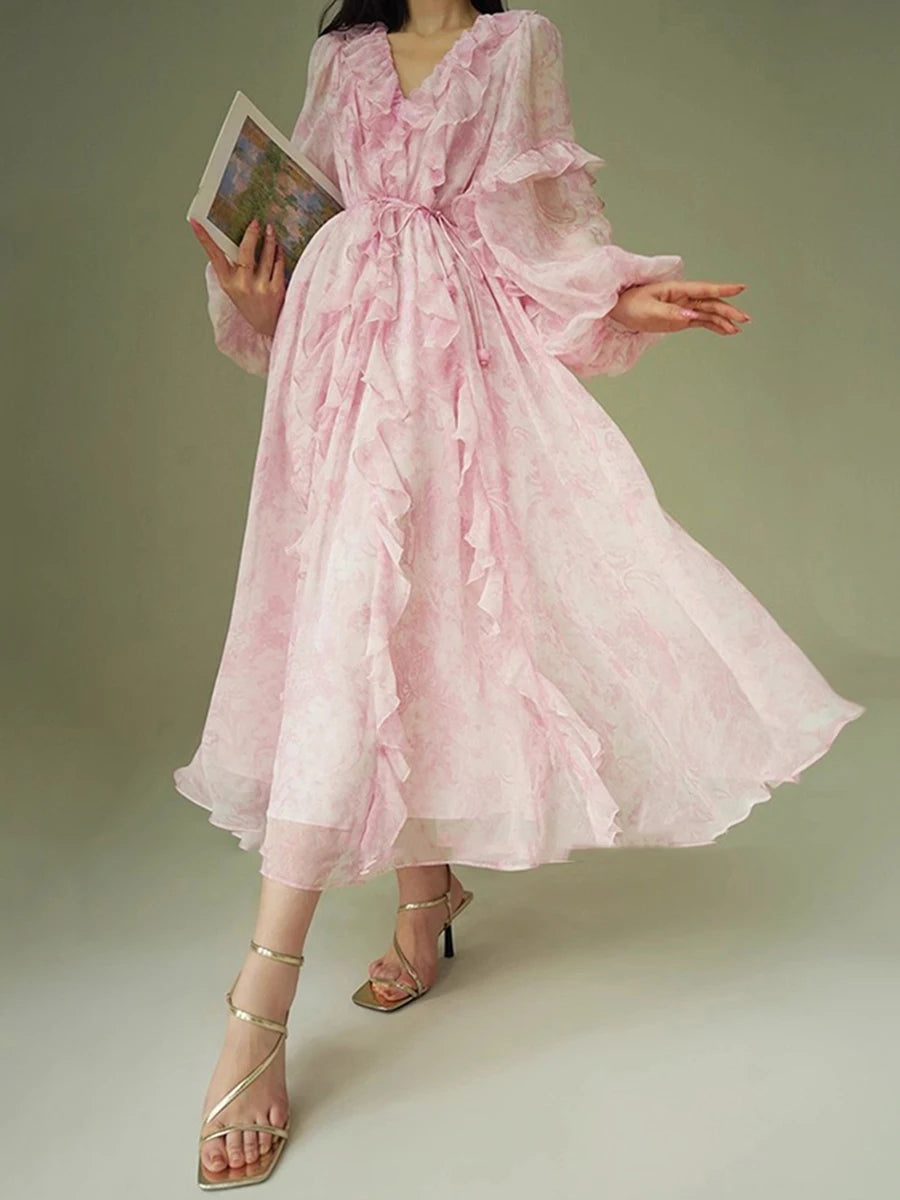 Pink Printing Spliced Fungus Folds Elelgant Dresses for Women V Neck Long Sleeves Patchwork Lace Up Dress Female