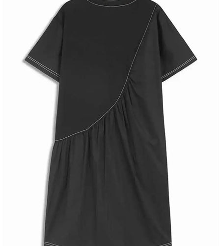 Women Black Pleated Color-block Big Size Midi Dress New Round Neck Short Sleeve Fashion Tide Spring Summer 2025 1DH5237