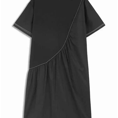 Load image into Gallery viewer, Women Black Pleated Color-block Big Size Midi Dress New Round Neck Short Sleeve Fashion Tide Spring Summer 2025 1DH5237
