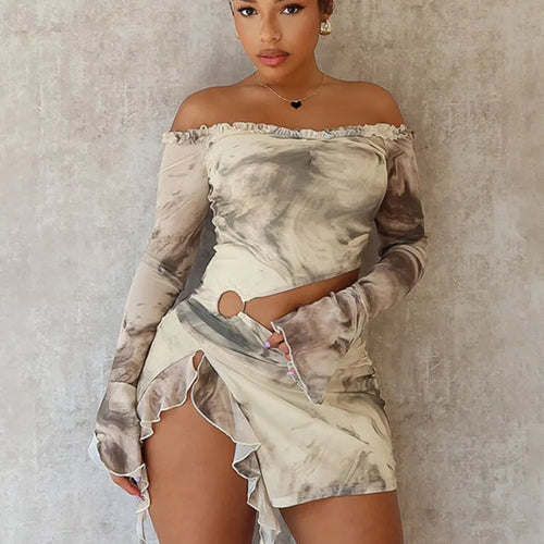 Load image into Gallery viewer, Hollow Out Print Sexy Mini Dress For Women Autumn New Off-shoulder Long Sleeve Bodycon Ruffled Slit Sexy Dress New
