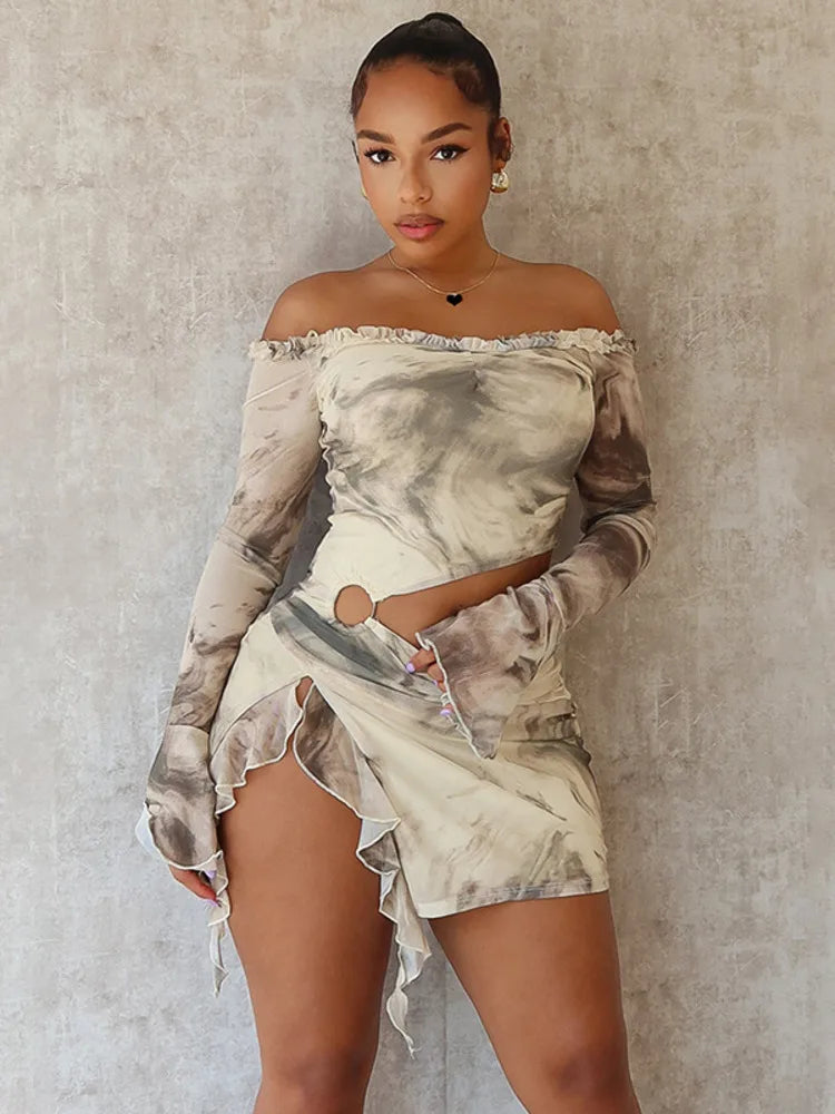 Hollow Out Print Sexy Mini Dress For Women Autumn New Off-shoulder Long Sleeve Bodycon Ruffled Slit Sexy Dress New
