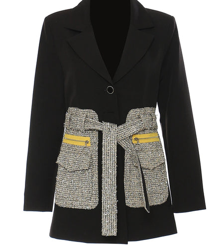 Women Black Tweed Pocket Elegant Long Blazer New Lapel Long Sleeve Loose Fit Jacket Fashion Spring Autumn 2025 1DE9891