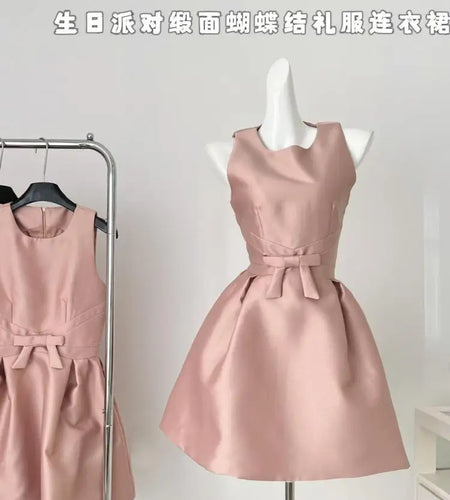 French 2025 Women Black Red Elegant Sleeveless Bow High Waist Short Vest Dress Summer Red Slim Holiday Birthday Party Mini Dress