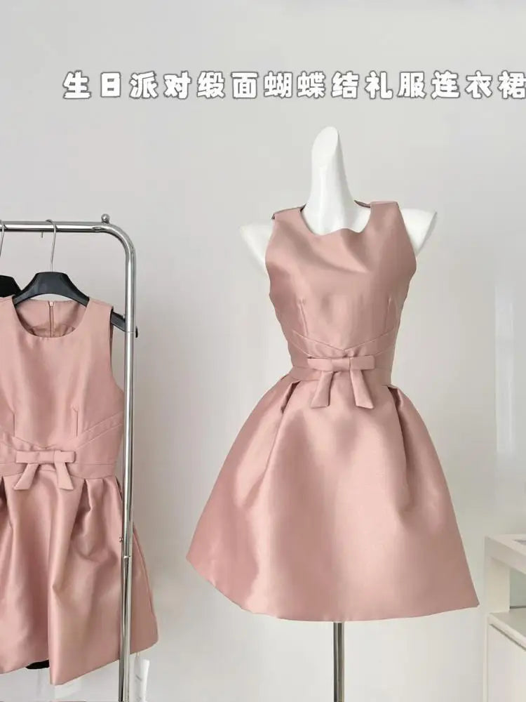 French 2025 Women Black Red Elegant Sleeveless Bow High Waist Short Vest Dress Summer Red Slim Holiday Birthday Party Mini Dress