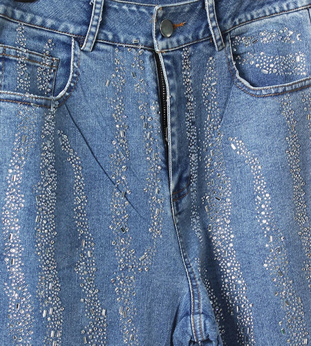 High Waist Blue Denim Long Rhinestones Shining Flare Jeans New Women Trousers Fashion Tide Spring Autumn 2025 7AB9027