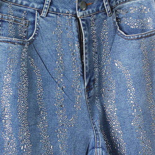 Load image into Gallery viewer, High Waist Blue Denim Long Rhinestones Shining Flare Jeans New Women Trousers Fashion Tide Spring Autumn 2025 7AB9027
