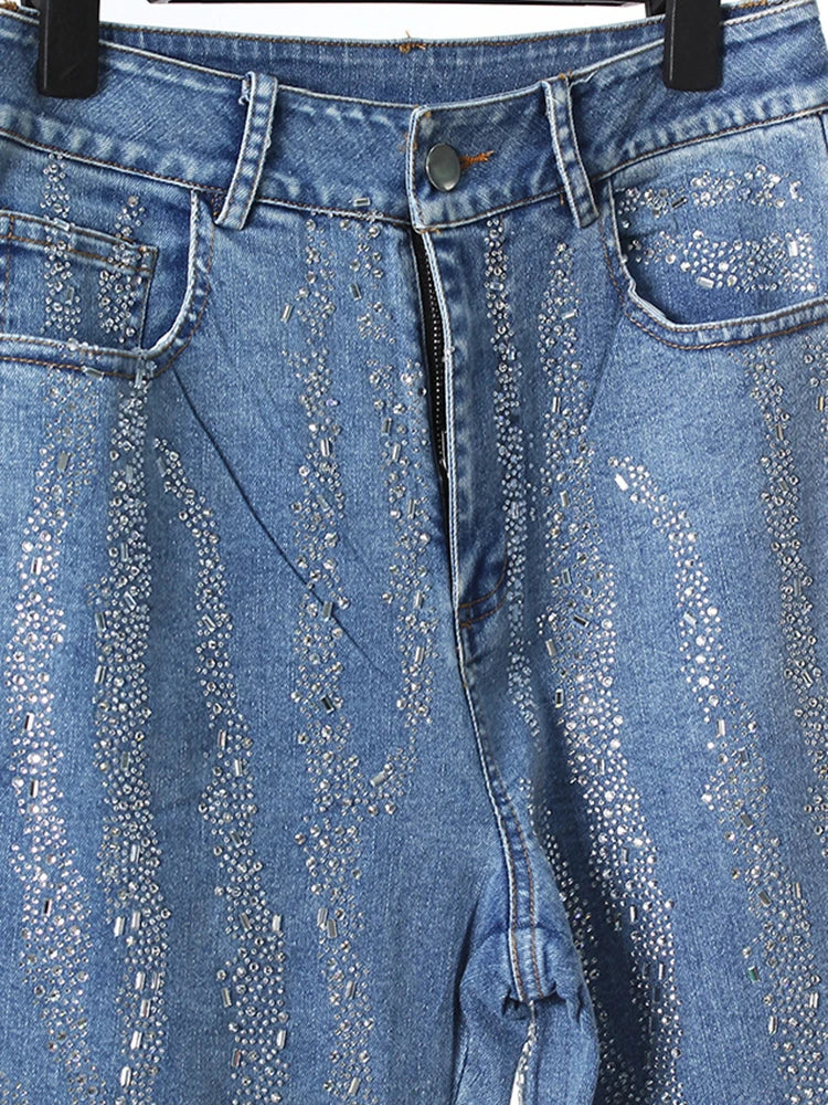 High Waist Blue Denim Long Rhinestones Shining Flare Jeans New Women Trousers Fashion Tide Spring Autumn 2025 7AB9027