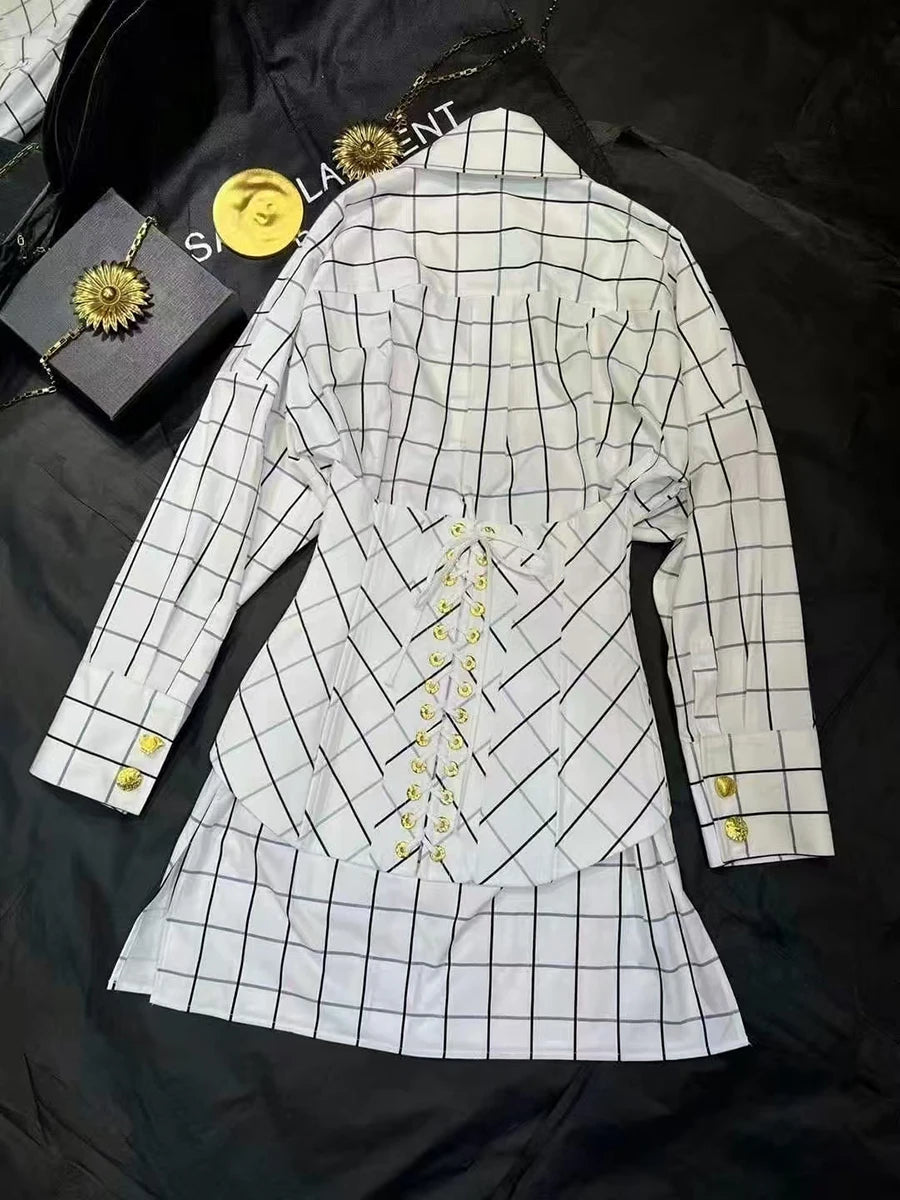 Hit Color Spliced Plaid Temperament Dresses for Women V Neck Long Sleeves Patchwork Button Fashion Dress Female New