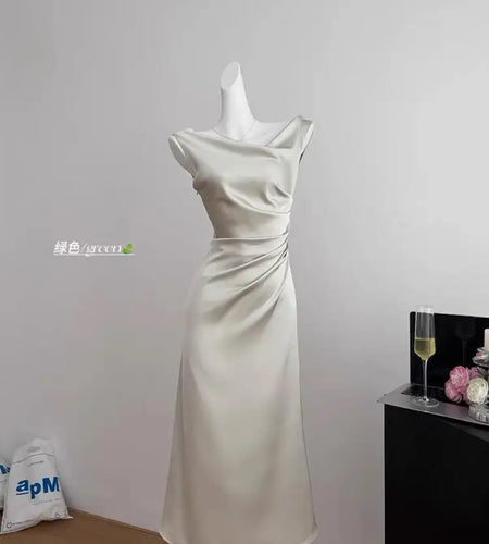 Summer White Pink Elegant Office Pleated Long Dresses Women Fashion Green Sleeveless Swinging Neck Slim Vest Dress Vestidos