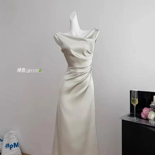 Load image into Gallery viewer, Summer White Pink Elegant Office Pleated Long Dresses Women Fashion Green Sleeveless Swinging Neck Slim Vest Dress Vestidos
