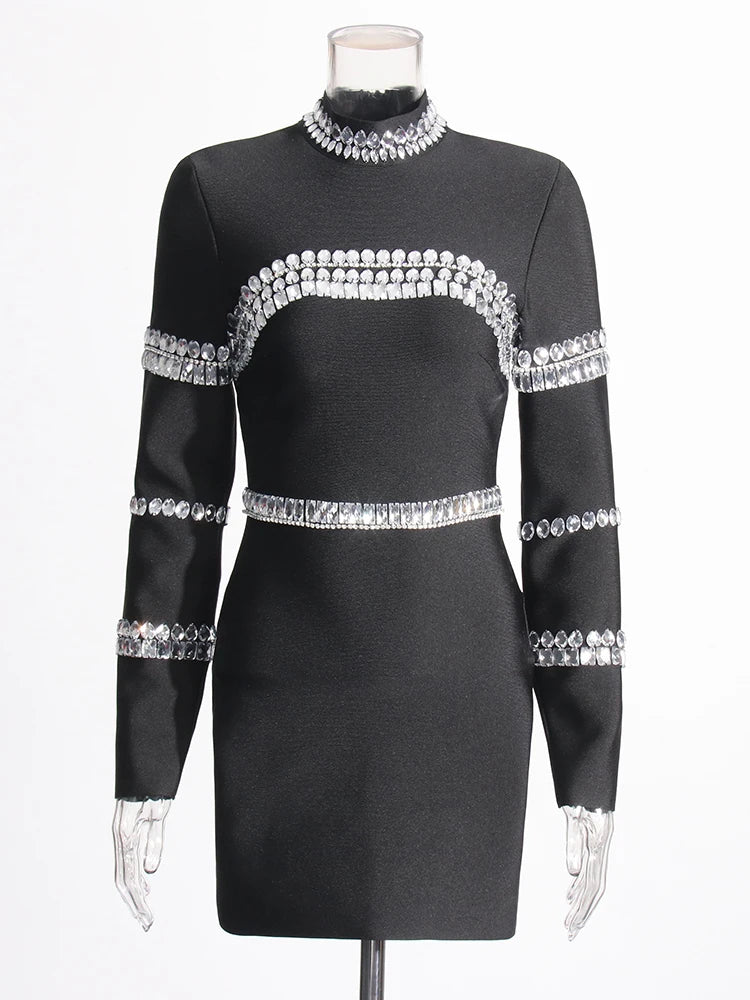 Spliced Diamonds Solid A Line Dress For Women Stand Collar Long Sleeve High Waist Temperament Slimming Party Dresses Female
